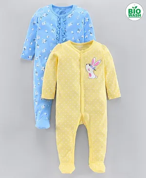 Babyoye Full Sleeves Footed Sleepsuit Pack of 2 - Blue Yellow