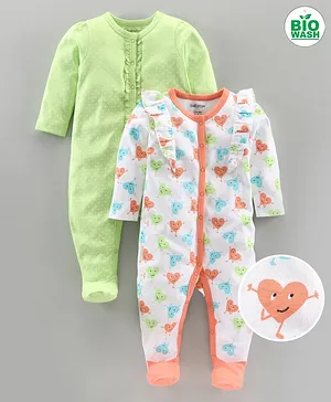Babyoye Cotton Full Sleeves Footed Sleepsuits Heart & Dot Print Pack of 2 - Green White