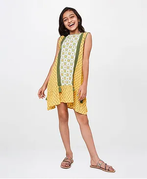 Global Desi Girl Sleeveless Ethnic Motifs Print Regular Fit Dress - Mustard