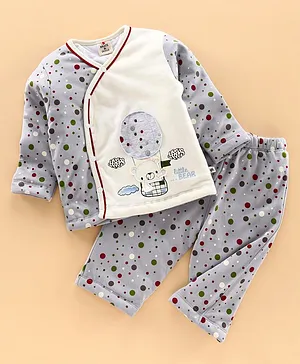 Brats and Dolls Full Sleeves Night Suit Dots Print - Grey