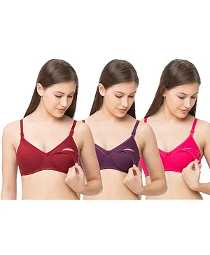 MomToBe Pack Of 3 Full Cup Padded Maternity Bra - Maroon Violet Pink