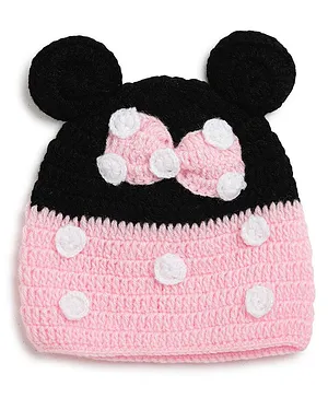 MayRa Knits Bow Design Color Block Crochet Cap - Pink & Black
