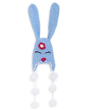 MayRa Knits Bunny Ears With Flower Crochet Cap - Blue