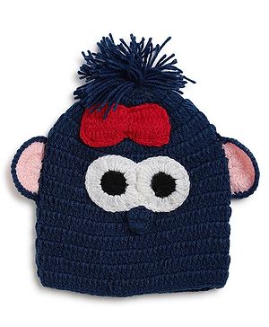 MayRa Knits Hand Knitted Cartoon Face Design Crochet Cap - Navy Blue