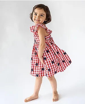 A Little Fable Short Sleeves Star Print Checked Dress - Red