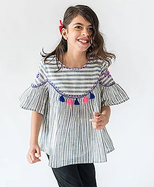 A Little Fable Half Sleeves Striped Tassel Detailing Top - Blue