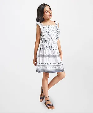 Global Desi Girl Printed Sleeveless Dress - White