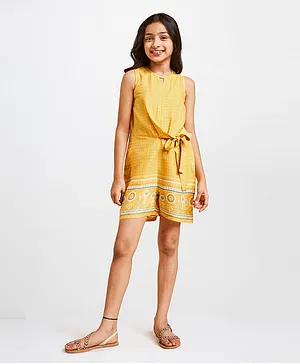 Global Desi Girl Sleeveless Flower Print Jumpsuit - Mustard