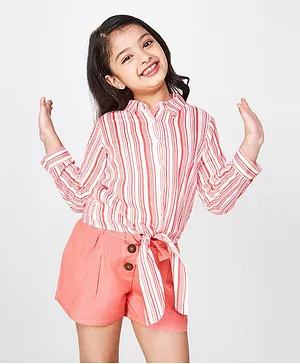Global Desi Girl Striped Full Sleeves Knotted Top - Peach