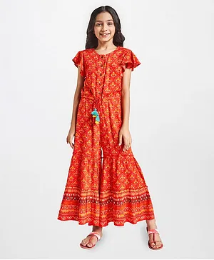 Global Desi Girl Short Sleeves Motif Pattern Flared Jumpsuit - Orange
