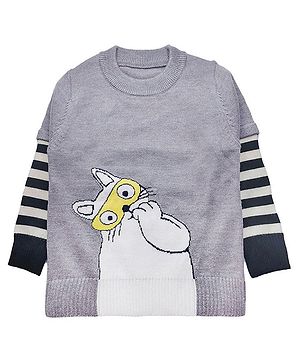 Kookie Kids Full Sleeves Pullover Sweater Cat Design - Grey