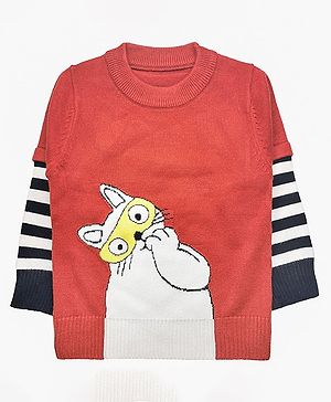 Kookie Kids Full Sleeves Pullover Sweater Cat Design - Red