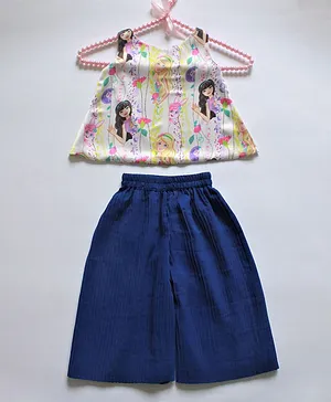 Barbie by Many Frocks & Sleeveless Printed Top With Palazzo Set - Blue