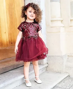 Cherry Crumble By Nitt Hyman Half Sleeves Sequins Fit & Flare Dress With Bow Clips - Maroon