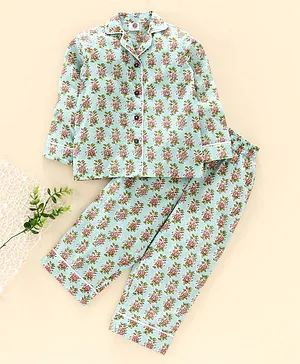 Tahanis Flower Print Full Sleeves Night Suit - Sea Green
