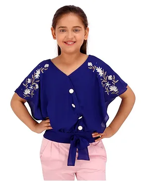 Cutecumber Half Sleeves Floral Embroidered Top - Blue