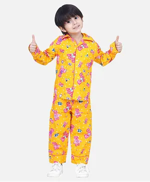 BownBee Full Sleeves Teddy Print Night Suit - Yellow
