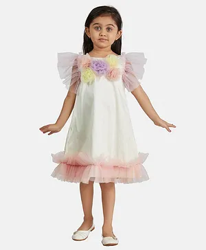 PinkCow Half Sleeves Flower Applique Frilly Dress - Off White