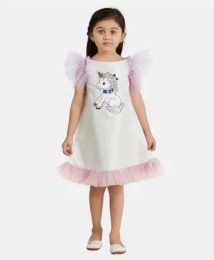 PinkCow Stylish Half Sleeves Unicorn Applique Frilled Dress - White