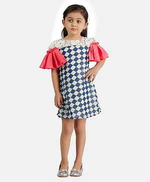 PinkCow Half Sleeves Checked & Pearl Embellished Dress - Navy Blue
