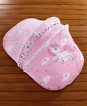 Babyhug Mosquito Net Set With Mattress Unicorn Print - Pink