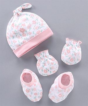 Babyhug 100% Cotton Cap Mitten & Booties Set Pink - Diameter 10 cm