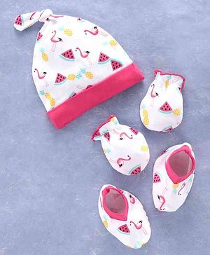 Babyhug 100% Cotton Cap Mitten & Booties Pink - Diameter 11.5 cm