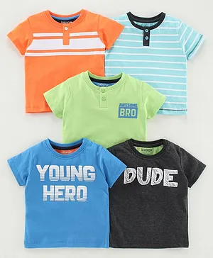 Babyoye Cotton Half Sleeves T-Shirts Text Print Pack Of 5 - Multicolor