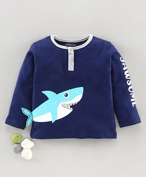 Babyoye Full Sleeves Bio-Wash Tee Shark Print - Blue