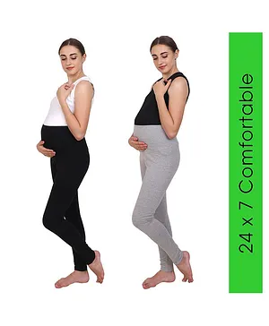 Mommy Fash'n Organic Cotton Pack Of 2 Solid Color Full Length Leggings - Black & Grey Combo