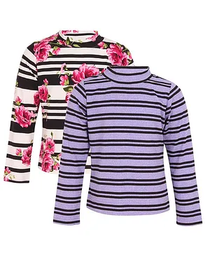 Cutecumber Pack Of 2 Full Sleeves Striped & Floral Print Tee - Lavender & Black