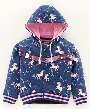 Pine Kids Full Sleeves Biowashed Hooded Sweat Jacket Reversible Sequin Detailing - Navy Blue