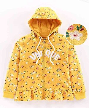 Pine Kids Full Sleeves Printed Biowashed Hooded Sweat Jacket Unique Embroidery - Yellow