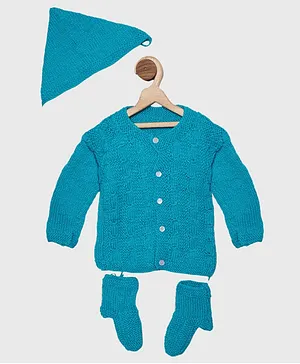 Chipbeys Full Sleeves Hand Knitted Cable Knit Pattern Sweater With Cap & Booties - Blue