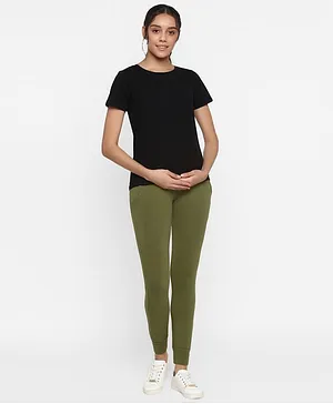 Wobbly Walk Solid Colour Over Belly Full Length Maternity Joggers - Green