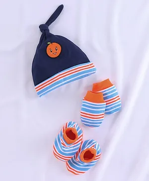 Babyoye Cotton Cap Mittens and Booties Set Striped Print - Blue Orange