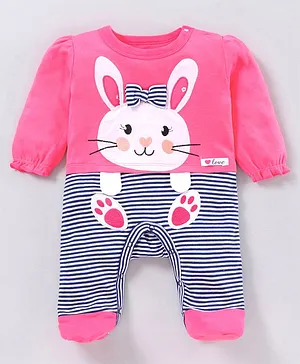 Babyoye Cotton Full Sleeves Footed Sleepsuit Bunny Embroidery - Pink Navy Blue