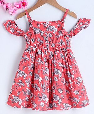 Babyhug Cold Shoulder Frock Floral Print  - Red - 3-4Y Red