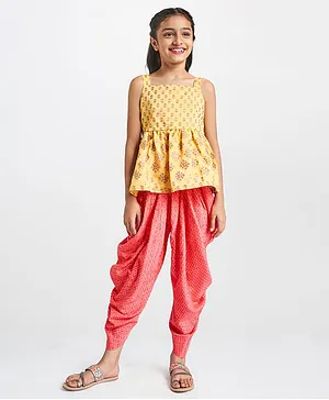 Global Desi Girl Sleeveless Floral Print Top With Dhoti - Mustard