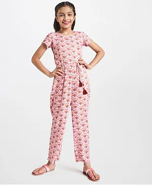 Global Desi Girl Short Sleeves Motif Print Jumpsuit - Light Pink