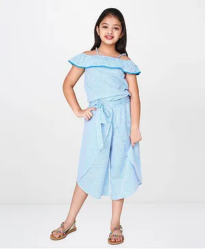 Global Desi Girl Half Sleeves Striped Cold Shoulder Top With Bottom - Blue