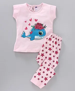 Nottie Planet Full Sleeves Dolphin & Stars Printed Night Suit - Light Pink