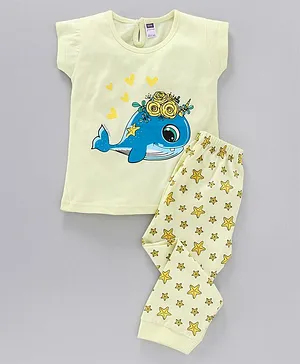 Nottie Planet Full Sleeves Dolphin & Stars Printed Night Suit - Yellow