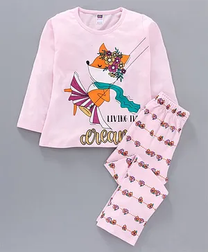 Nottie Planet Full Sleeves Fox Living The Dream Print Night Suit  - Pink