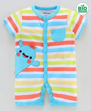 Babyoye Bio-Wash Cotton Short Sleeves Stripe Romper Cactus Embroidery - Multicolour