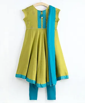 Global Desi Girl Printed Short Sleeves Anarkali With Dupatta & Churidar Set - Teal & Green
