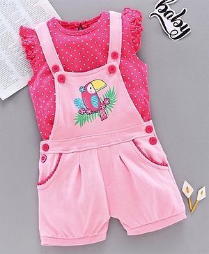 Babyhug Dungaree with Inner Tee Bird Print - Pink