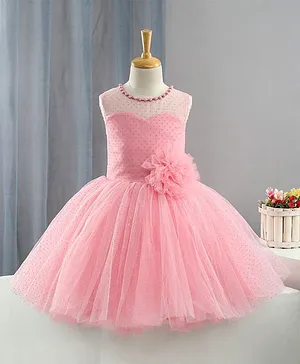 Bluebell Sleeveless Party Wear Frock with Corsage and Glitter Print - Peach