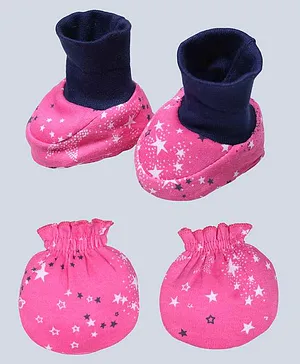Grandma's Multi Star Printed Mittens and Booties Set - Pink 