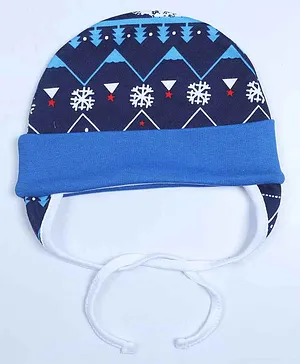 Grandma's Premium Cap with Ear Flaps and Knot - Blue Christmas